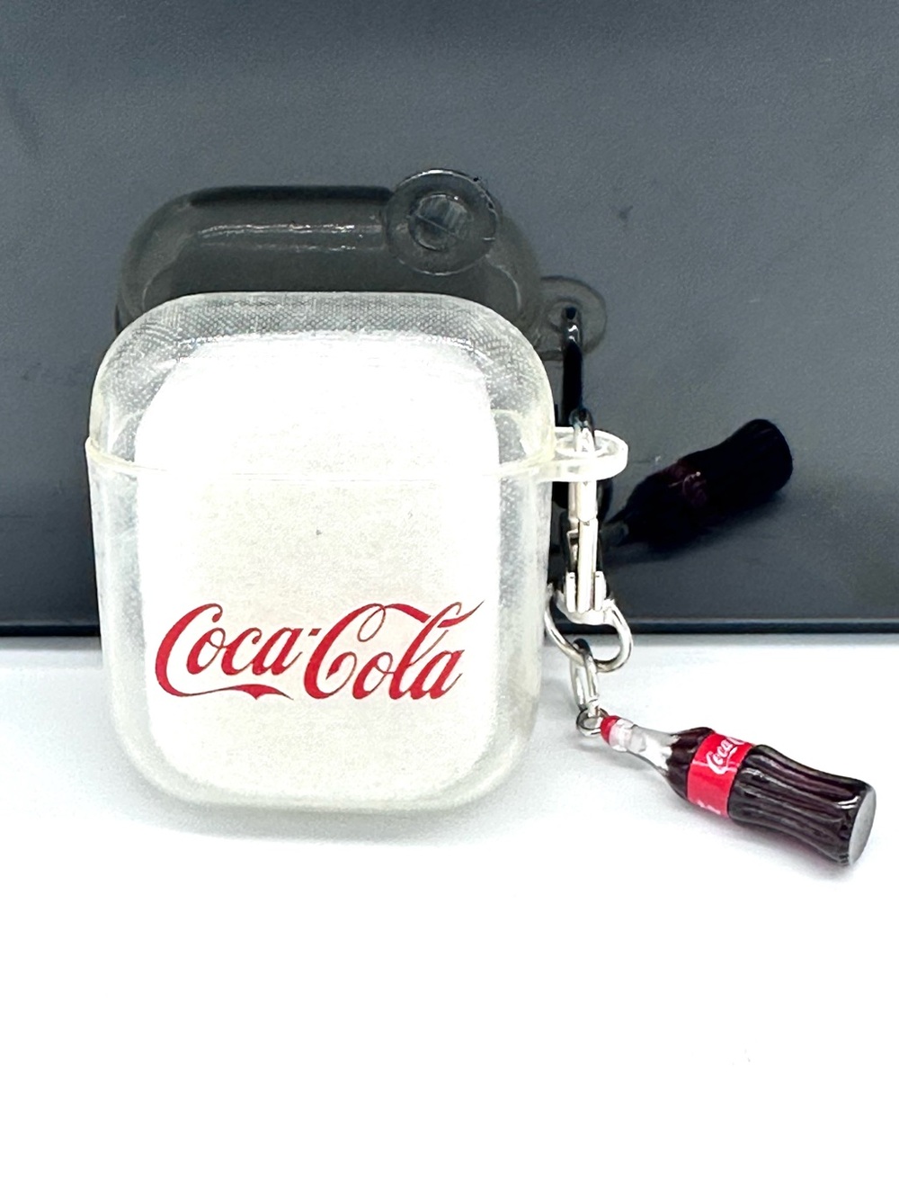 Coca Cola Clear White Earbud Case with Red Logo and Bottle Keychain